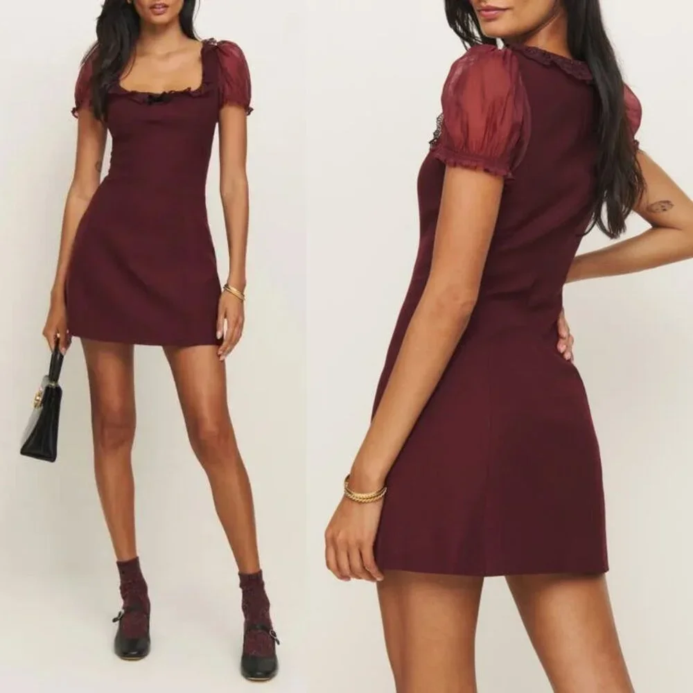 Reformation Kasey Musgraves Bunny Mini Dress Chianti Red Bow Puff‎ Sleeve Size 6